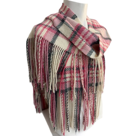 Banana Republic  Pink Tartan Wool-Blend Fringe Scarf – Long 70" Wrap - Picture 7 of 10